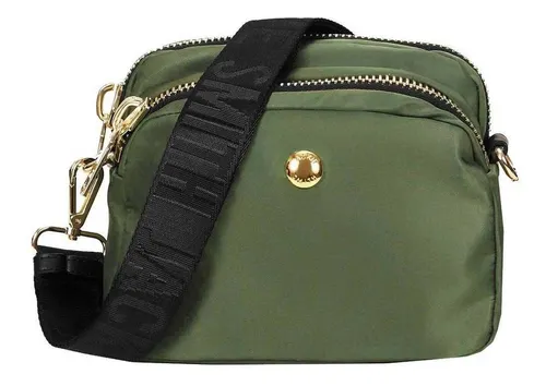 Bolsa bandolera Jackie Smith Dear diseño liso de microfibra forest green  con correa de hombro negra y herrajes oro