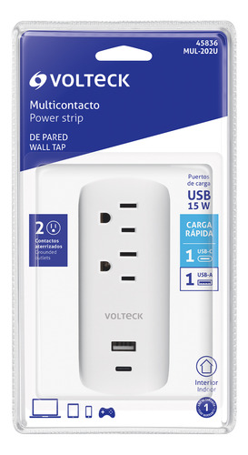 Multicontacto De Pared 2 Contactos Y 2 Usb A+c Ajustable Blanco