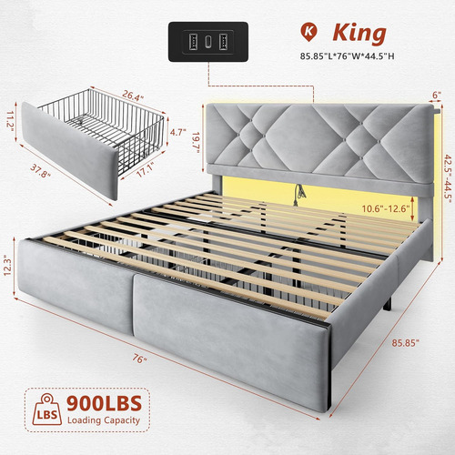 Base De Cama King Size Cajones Luz Led Gris Enhomme