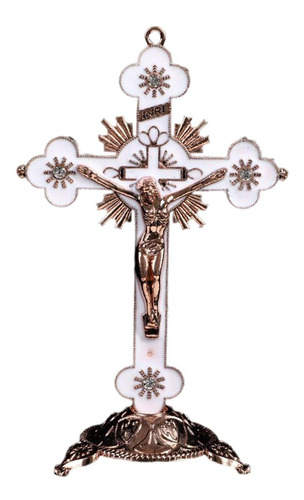 Cruz De Metal Católico Crucifixo Com Suporte Liga Branco