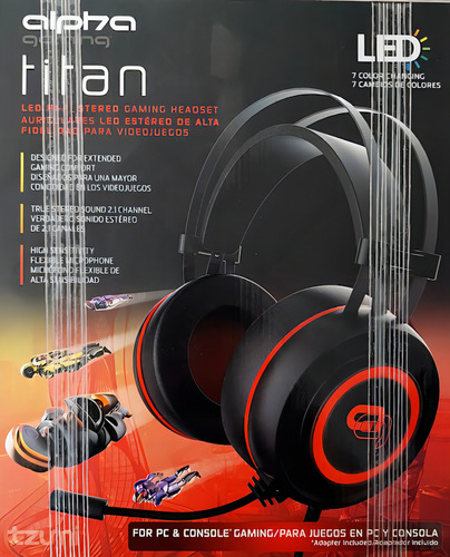 Audifonos Alpha Gaming Titan Stereo Hi Fi 2.1 Led 7 Colores Color Negro