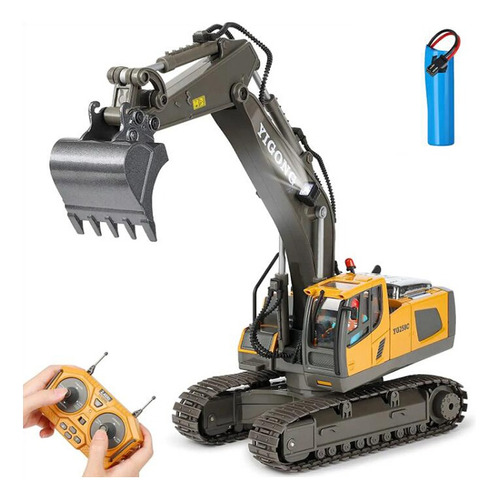 Excavadora a control remoto, juguete, excavadora, vehículo, inglés, color amarillo