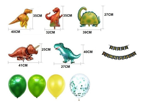 Imagen 2 de 2 de Set Deco Feliz Cumple Globos Dinosaurios Banderin Y Numero