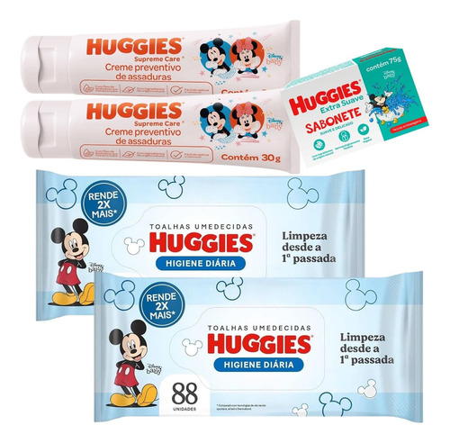 Kit Lenco Umedecido Bebe + Creme Assadura Huggies + Sabonete