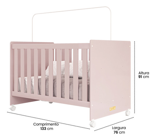 Berço Americano Baby Bebê Bela Com Colchão Impermeável Incluso Rosa 3 Em 1 Multifuncional Vira Cama Quarto Infantil Regulagem Altura Rodizio