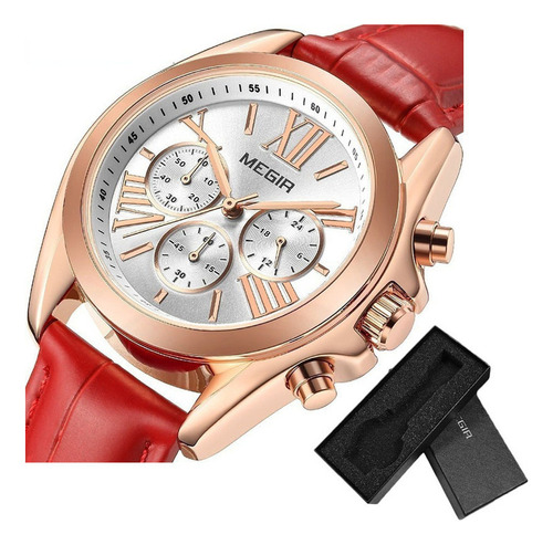 Relógios Megir Fashion Leather Quartz para mulheres, cor da pulseira: vermelho