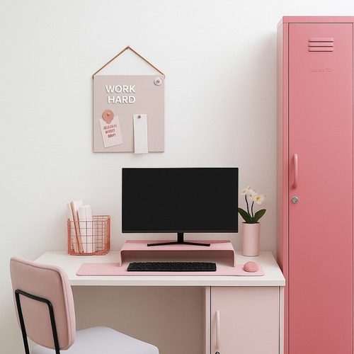 Soporte Eleva Monitor Cpu Escritorio Oficina Teclado Colores Rosa