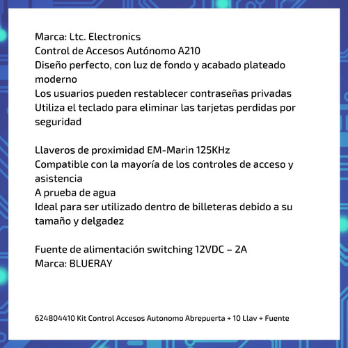 Imagen 6 de 9 de Kit Control Accesos Autonomo Abrepuerta + 10 Llav + Fuente