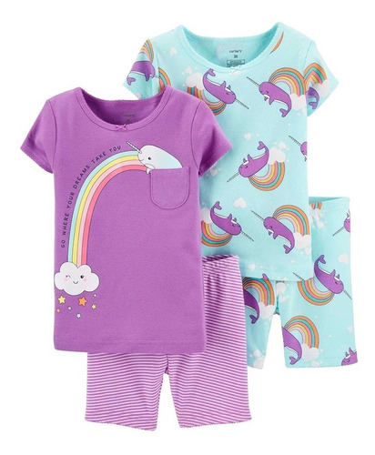 Carter´s! Set Pijama 4 Piezas. Unicorn 2 Remeras + 2 Shorts