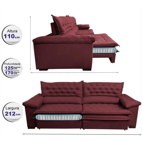 Sofá Retrátil Reclinável Pocket Camainbox Botonê 2,12m Vinho