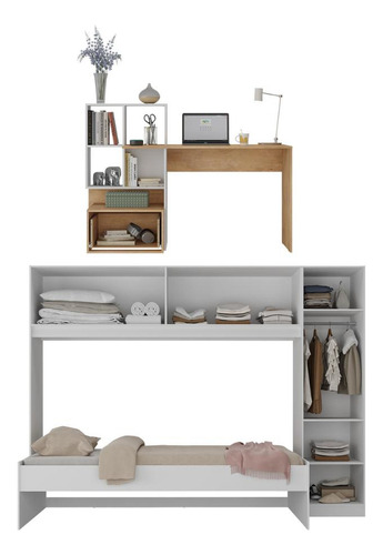Conjunto Quarto Cama Solteiro com Colchão/Guarda-Roupas/Escrivaninha Multimóveis MP4225 Cor Branco/Rustic