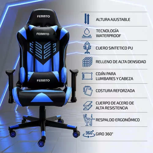 Silla Gamer Escritorio Ergonomica Giratoria Ajustable 180° Pc Gaming  Tapizado Cuero Femmto