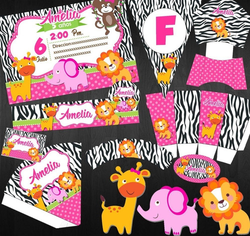 Kit Imprimible Candy Bar Safari Rosa Mod 003 Editable