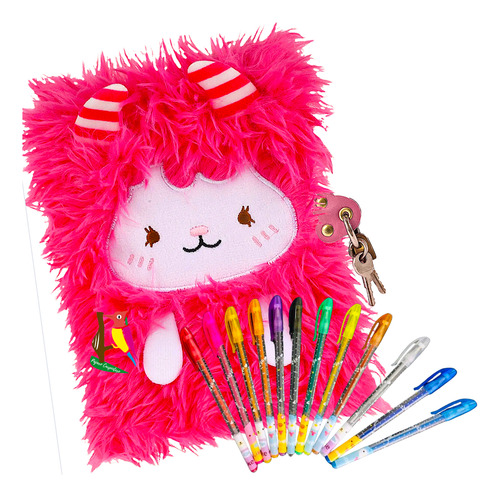 Diario Intimo Peluche + Lapiceras Glitter Candado Y Llaves Fucsia Fluffy 2025