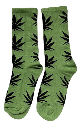 1 Par Calcetines Largos Huf Plantlife Unisex Skate Board Gym Verde Hoja Negra Estampado Unitalla