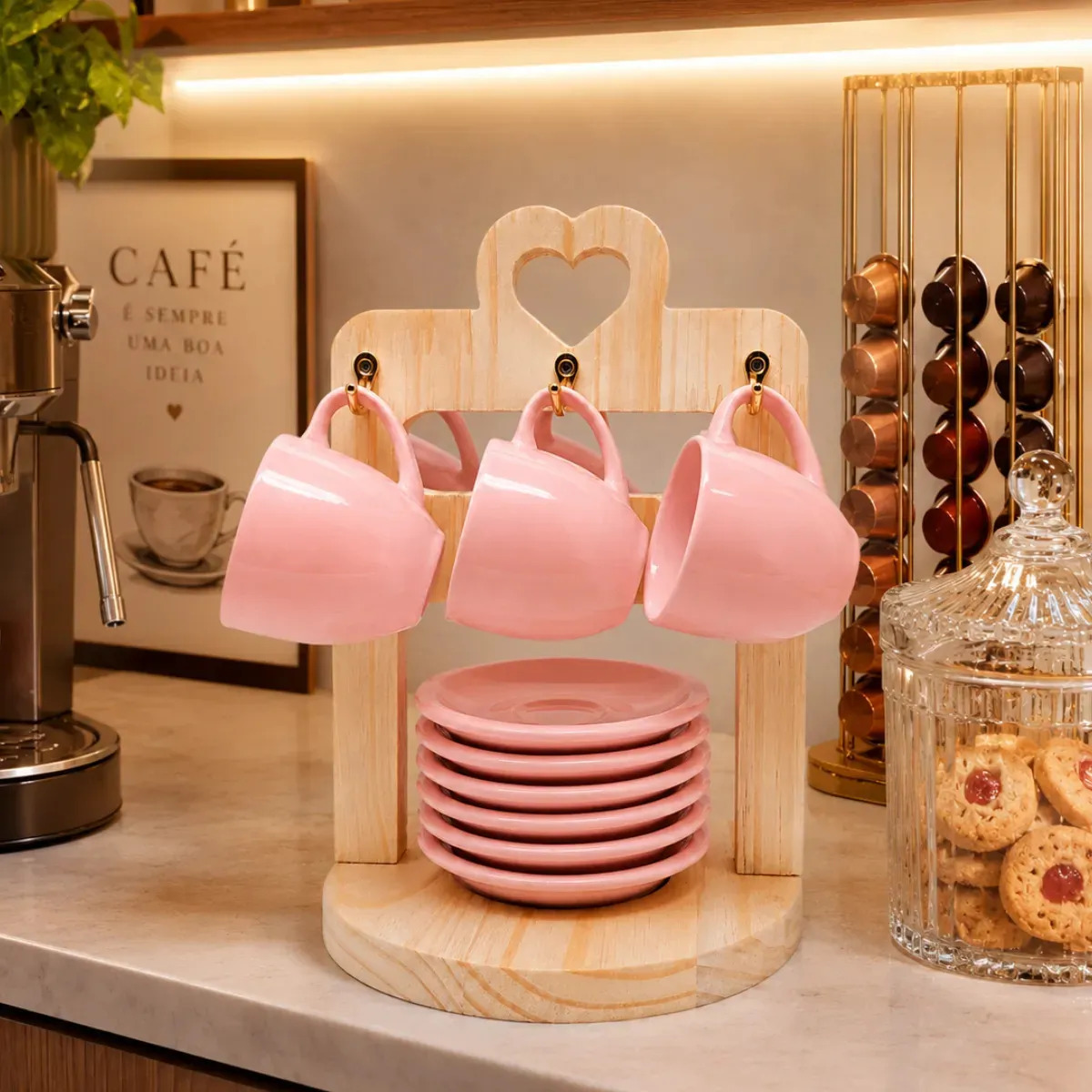 Suporte ​Coração Com 6 Xicara Com Pires Porcelana Rosa Rosa