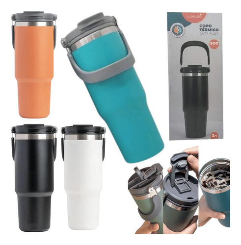 Copo Térmico Inox 900ml Com Tampa E Canudo - Laranja