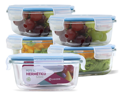 Conjunto 5 Potes Vidro Hermético 520ml Tampa 4 Travas Cor Azul