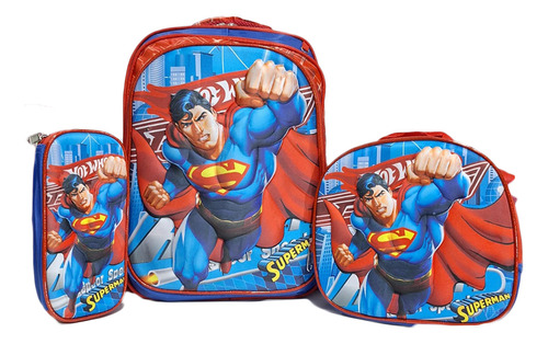 Mochila Combo 3d Luz Leds + Lapicera + Lonchera Primaria Y Prescolar Rojo Azul Superman Lisa
