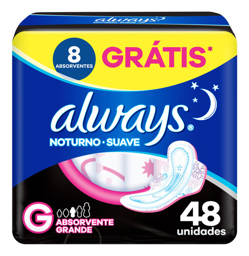 Absorventes Femininos Noites Tranquilas Suave com Abas 48 unidades Always