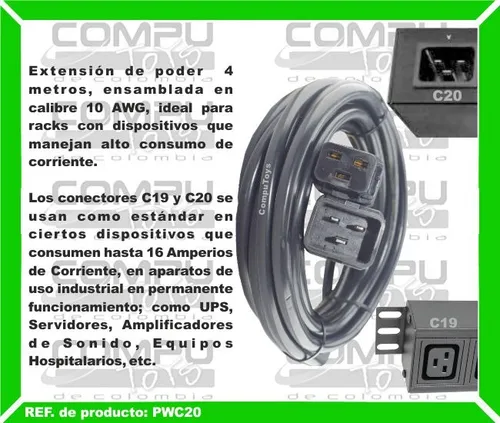 Cable De Corriente C20 A C19 Mirada China 4 Mt Computoys Sas