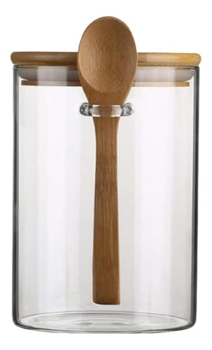 Frasco De Vidrio Redondo Tapa De Bambu 500ml Cuchara Y Tapa Color Transparente