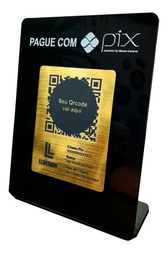 Imagem 1 de 3 de Placa Pix Para Pagamento Qrcode Acrílico Preta Face Dourada