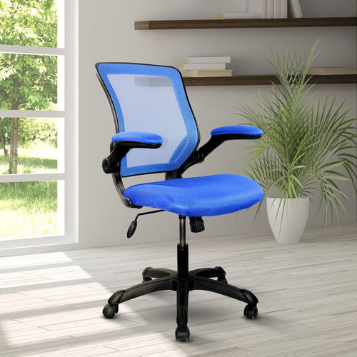 Silla De Oficina De Malla Con Brazos Abatibles. Color Azul