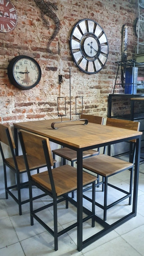 Imagen 2 de 10 de Mesa Hierro Y Madera 120x70 + 4 Sillas Industriales Exterior