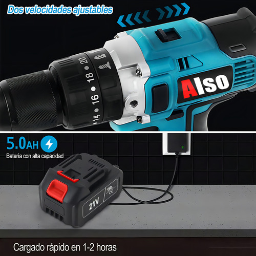 Juego De Taladro Y Llave Sin Cable Alta Potencia Larga Duración Con Dos Pilas Marca Alsonew