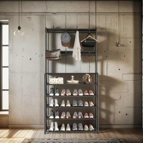 Perchero Zapatera 2 En 1 Organizador Rack Estante Ganchos