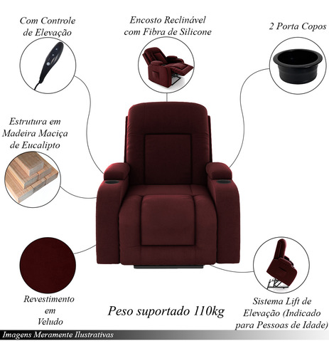 Poltrona Do Papai Reclinável Elétrica Veludo Vinho