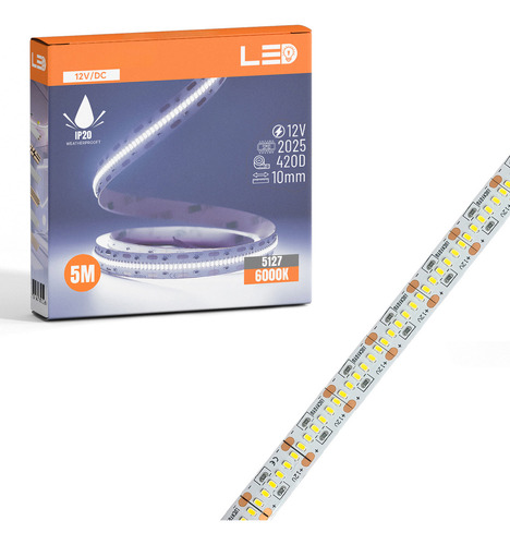 Fita Super Led 12v Smd 2025 420led/m 16w/m 10mm 5m Ip20 Cor Da Luz Branco Frio 7000k
