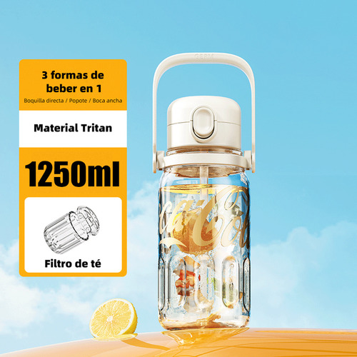 Cocacola Botella Deportiva 1250 Ml Para Agua Tritan Con Asa Portátil, Pajita Y Tapa Hermética, Apertura Con Un Dedo, Resistente, Antideslizante Negro