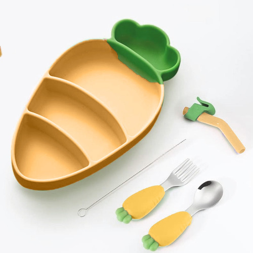 Set Plato Zanahoria Silicona Con Cubiertos, Para Bebe