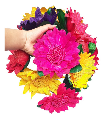 Flores Tipo Margarita Artesanales De Hoja De Maíz 12pz