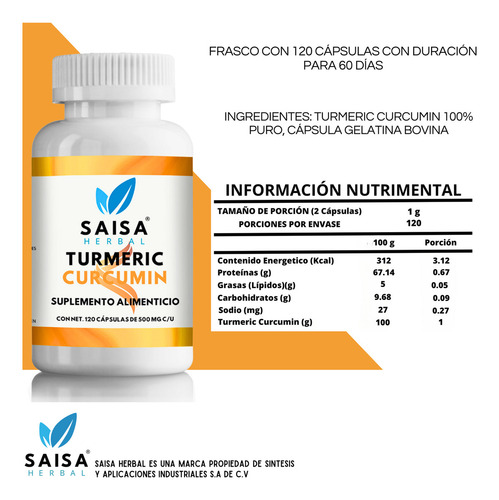 Extracto de Cúrcuma (Turmeric) 100% Puro con 120 Cápsulas | Suplemento alimenticio mayor absorción | Antiinflamatorio Natural y Antioxidante | Suplemento Saisa Herbal Sin Sabor