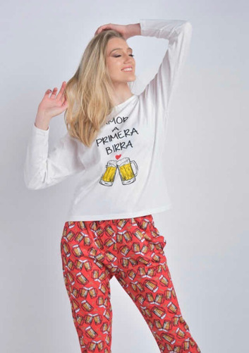 Pijama Mujer Invierno Manga Larga Y Pantalon Kefiaca Birra