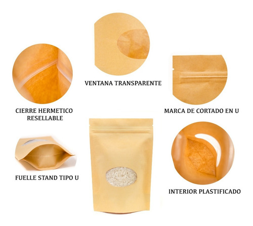 Imagen 6 de 6 de 50 Bolsas Stand Up Pouch Kraft Con Ventana Ovalada 80 Grs