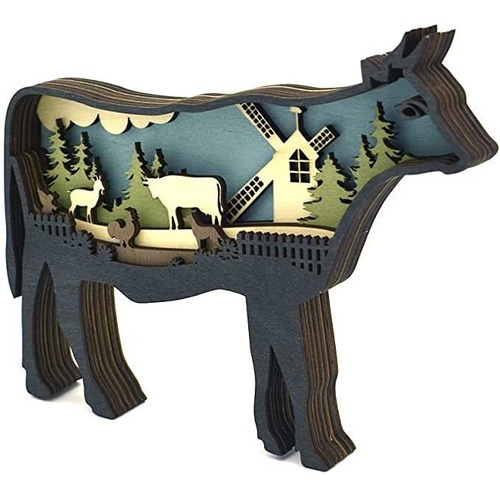 Annoomm Animal Cow Madera Home Ornamento Multicapa Bosque S