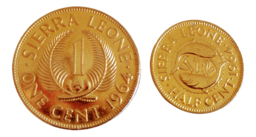 Duas Moedas Antigas De Serra Leoa 1 E 1/2 Cent 1964 Douradas (Usado)
