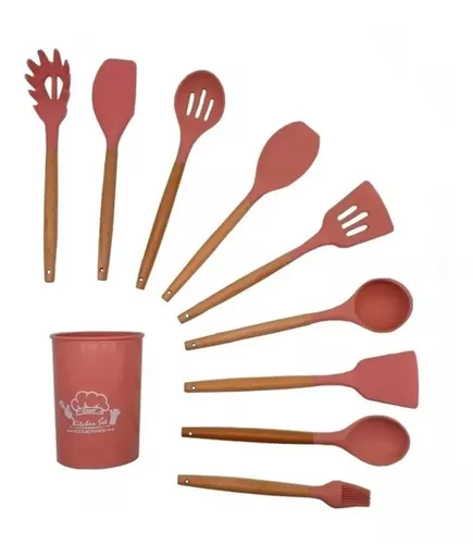 Set X 9 Kit Utensilios De Cocina Mango Madera Punta Silicona