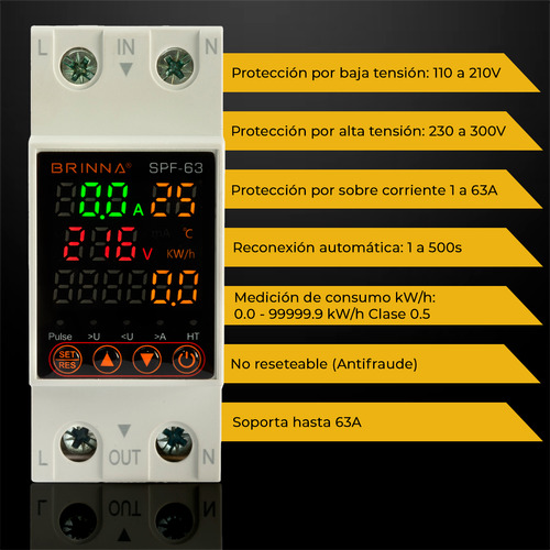 Protector Y Medidor Monofasico 63a Brinna Display Color