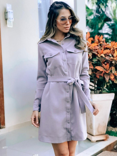 Vestido Chamisieri Curto M Longa C/ Cinto Linho Cinza