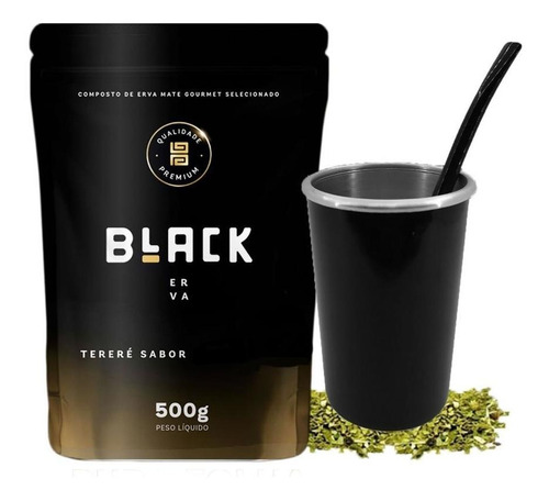 Kit Tereré Copo Cuia Térmico E Bomba Preta 1 Erva Black 500g