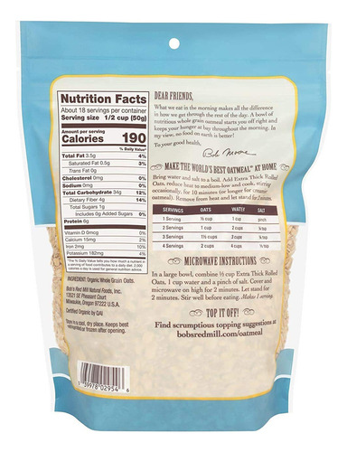 Bob's Red Mill Avena Arrollada Extragruesa Orgánica 16 Oz (p