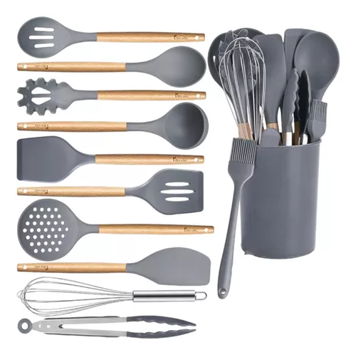 Set cucharones utensilios cocina de silicona 12 piezas gris GENERICO