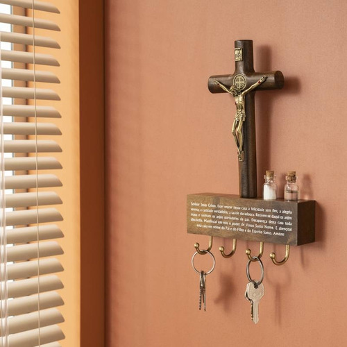 Porta Chaves Crucifixo Medalha De São Bento Parede Oração