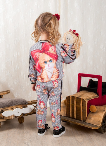 Imagem 2 de 6 de Conjunto Infantil Feminino Tweed Preto Yoyo Gatinha 23134