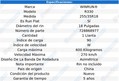 Llanta 255/35rf18 Winrun R330 90w